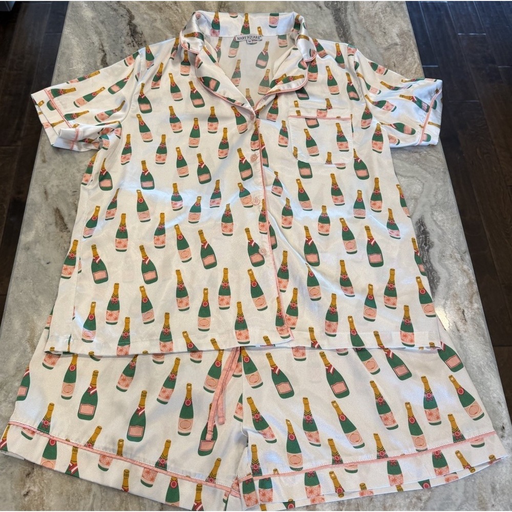Mary Square Medium Champagne Popping Satin Shirt And Shorts PJ Set Wedding